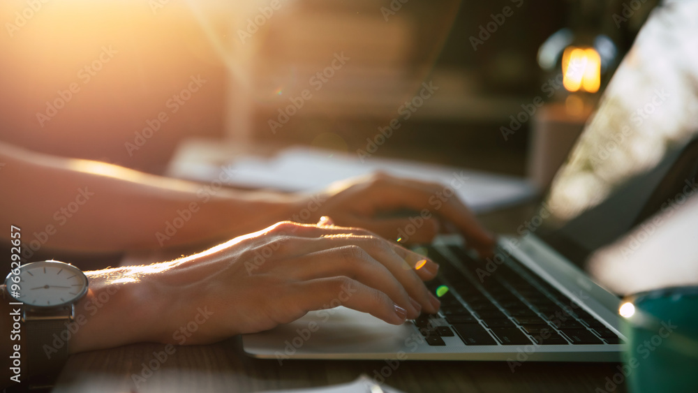 Close-up of hands typing on laptop keyboard, bathed in warm sunlight. The soft glow and gentle focus create peaceful, productive atmosphere, perfect for working or studying in serene environment Close-up of hands typing on laptop keyboard, bathed in warm sunlight. The soft glow and gentle focus create peaceful, productive atmosphere, perfect for working or studying in serene environment