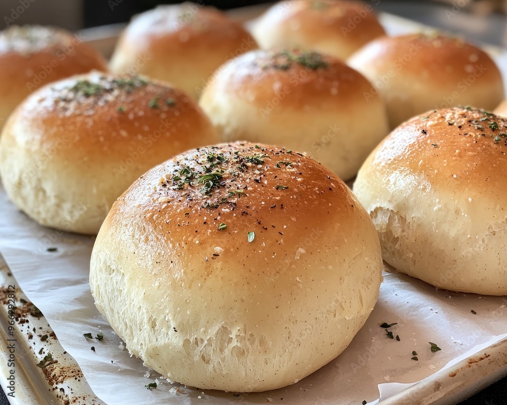 Closeup Overhead View of Soft GoldenBrown Rolls Topped with Herbs and Salt on Baking Sheet Closeup Overhead View of Soft GoldenBrown Rolls Topped with Herbs and Salt on Baking Sheet