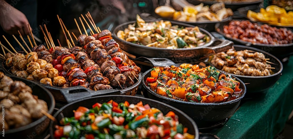 Obraz premium CloseUp View of a Street Food Stall with Skewers Roasted Vegetables and Other Dishes in Cast Iron Pans on a Green Tablecloth