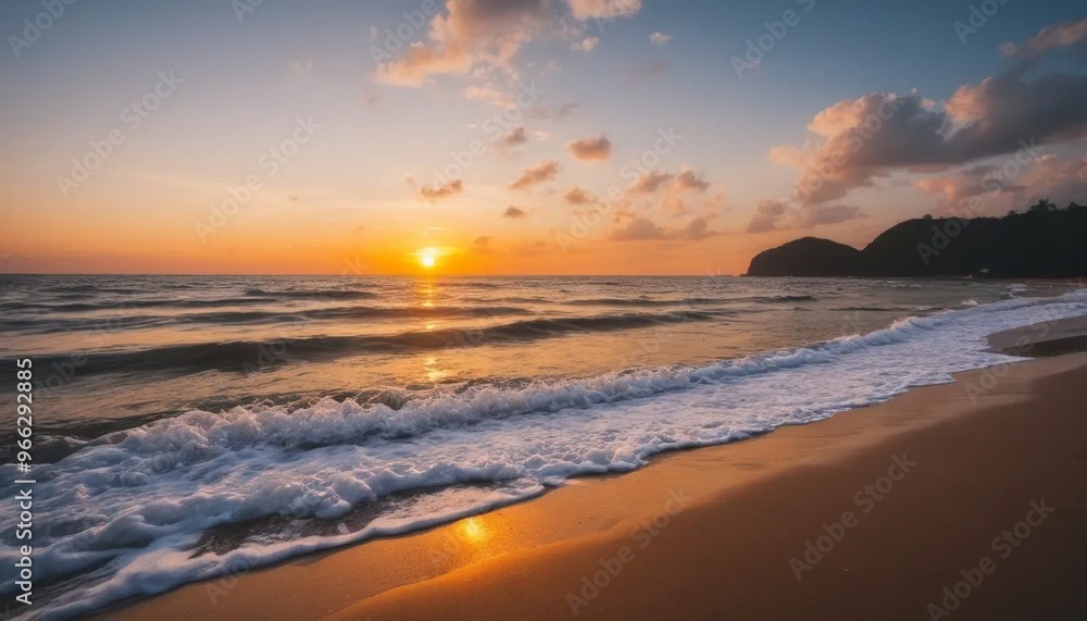 Soft Blue Waves on a Sandy Beach at Sunset Soft Blue Waves on a Sandy Beach at Sunset