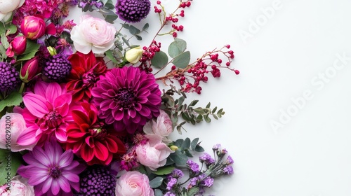 Fototapeta Naklejka Na Ścianę i Meble -  A stunning bouquet of pink and purple flowers arranged against a white background. The bouquet features a variety of flowers, including dahlias, roses