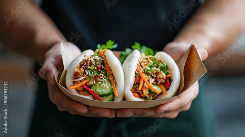 FirstPerson Perspective Holding Two Delicious Bao Buns Filled with Savory Ingredients and Sesame Seeds photo