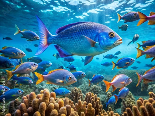 Vibrant blue fish with iridescent scales swims amidst intricate coral reef, surrounded by schools of smaller fish, photo