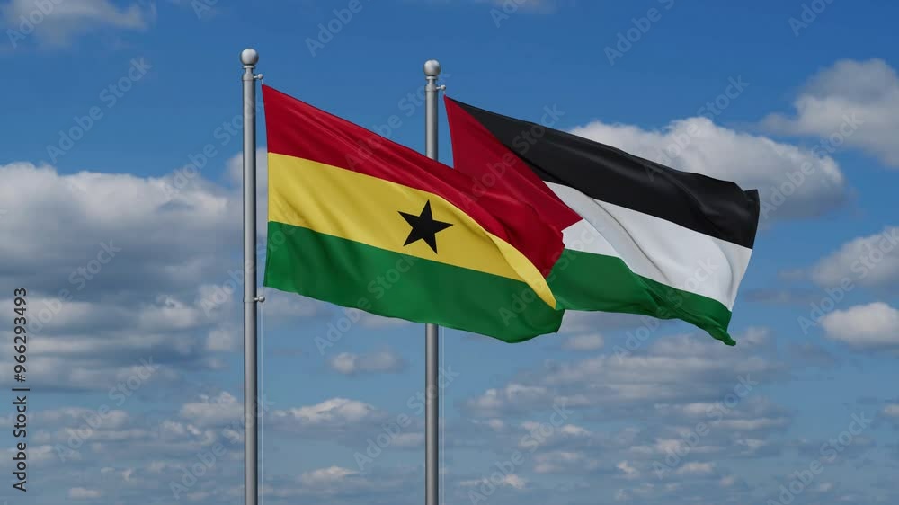 Palestine and Gaza Strip and Ghana two flags waving together on blue , video concept of the relationship Palestine and Gaza Strip and Ghana two flags waving together on blue , video concept of the relationship