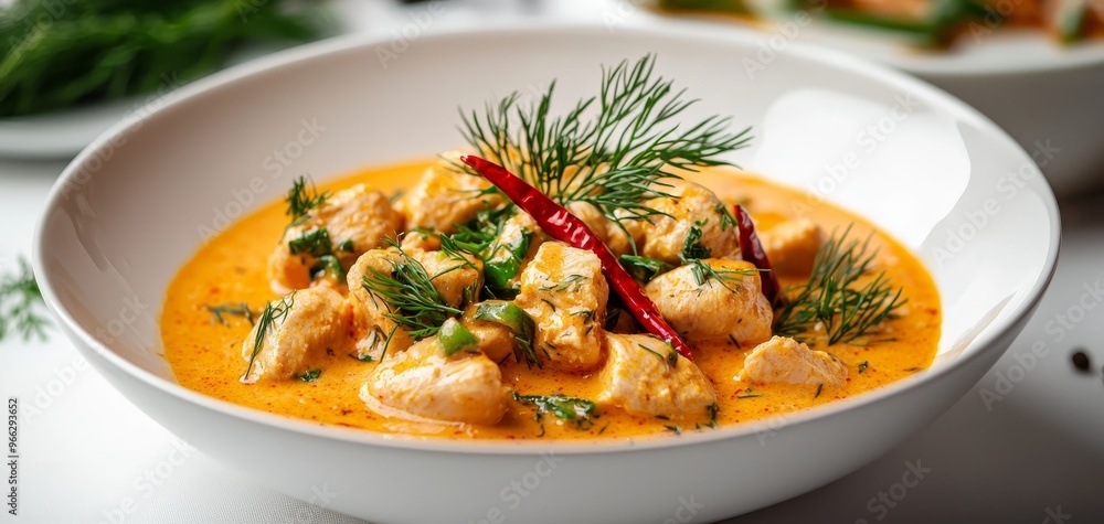 TopDown View of Creamy Thai Curry with Chicken Dill and Chili Peppers in White Bowl on White Surface TopDown View of Creamy Thai Curry with Chicken Dill and Chili Peppers in White Bowl on White Surface