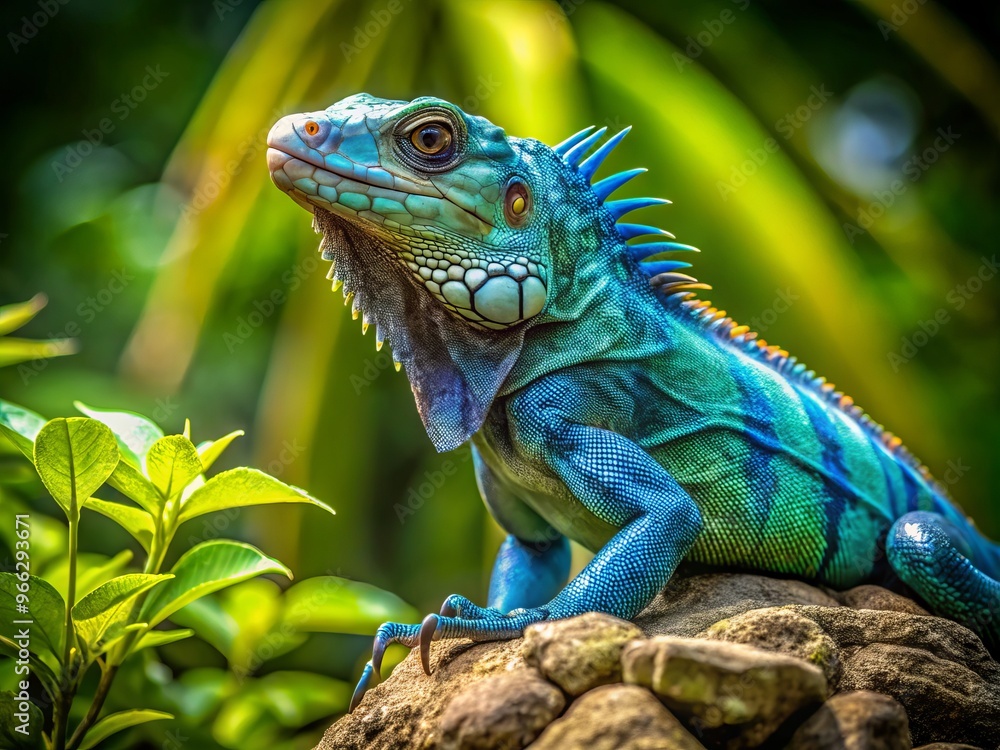 Vibrant blue iguana perched on a rock, its scaly skin glistening in the sunlight, showcasing its majestic size Vibrant blue iguana perched on a rock, its scaly skin glistening in the sunlight, showcasing its majestic size