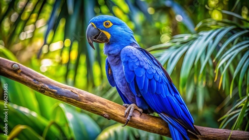 Vibrant blue hyacinth macaw perches on a branch, its iridescent feathers glistening in the light, showcasing its