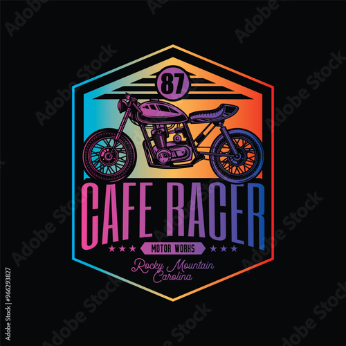 Cafe racer custom motorcycle. Original vector illustration in vintage style isolated on black background. T-shirt design.