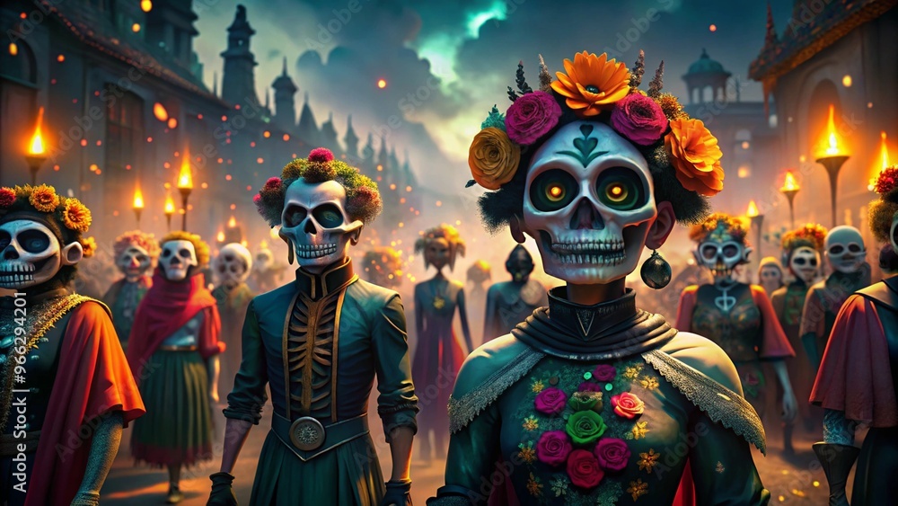 Vibrant Day of the Dead Parade Featuring Festive Skeleton Costumes and Colorful Decorations for Cultural Celebrations