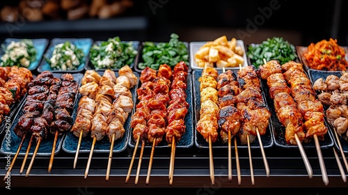 Low Angle Closeup of Glazed Skewers on Blue Plates with Wooden Skewers in Focus