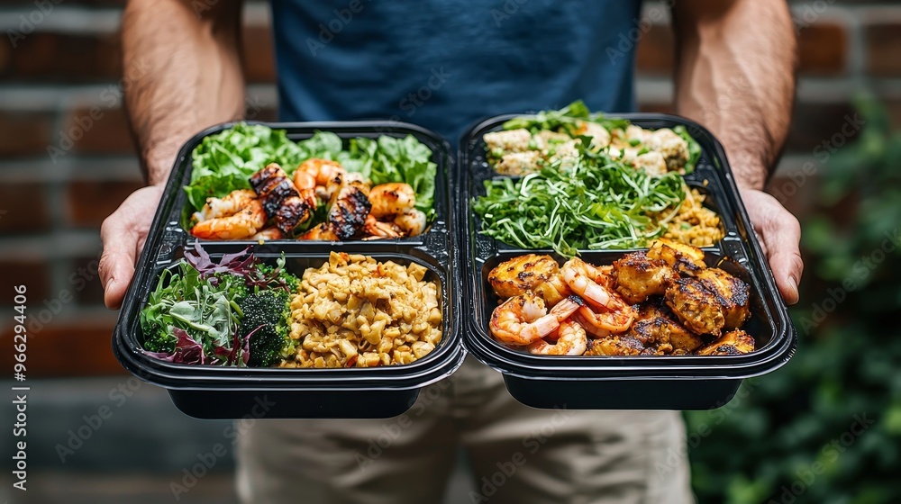 Mans Hands Hold Two Black Containers Full of Grilled Shrimp Greens and Rice A Balanced Meal Mans Hands Hold Two Black Containers Full of Grilled Shrimp Greens and Rice A Balanced Meal