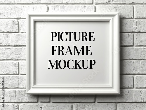 White Picture Frame Mockup on Brick Wall Perspective View