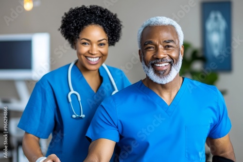 A home health worker helping with mobility exercises, assisting the patient in walking or using balance tools to regain strength after surgery photo