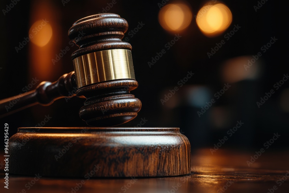 Wooden Judge's Gavel in Courtroom with Warm Lighting Wooden Judge's Gavel in Courtroom with Warm Lighting