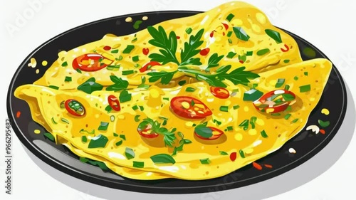 Omelette with vegetables on pan