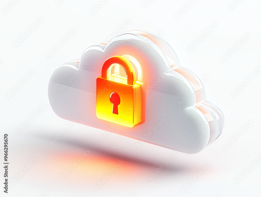digital futuristic white 3D cloud with glowing gold color padlock symbol (icon, badge), modern cloud virtual technologies for business and entertainment, futuristic cloud data security concept digital futuristic white 3D cloud with glowing gold color padlock symbol (icon, badge), modern cloud virtual technologies for business and entertainment, futuristic cloud data security concept