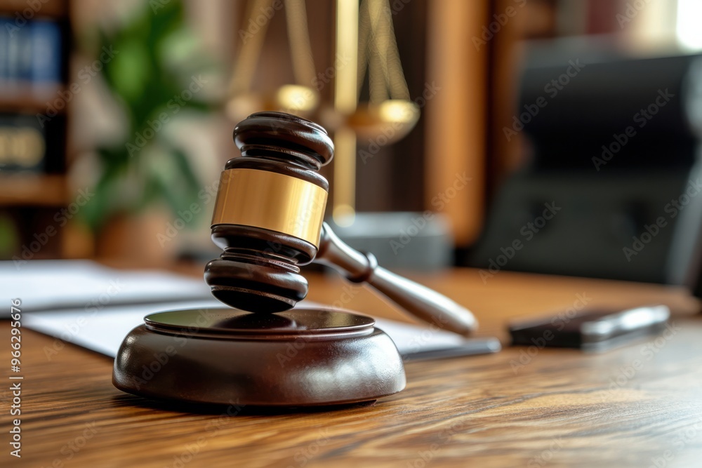 Judge's Gavel and Scales of Justice in Courtroom Setting Judge's Gavel and Scales of Justice in Courtroom Setting