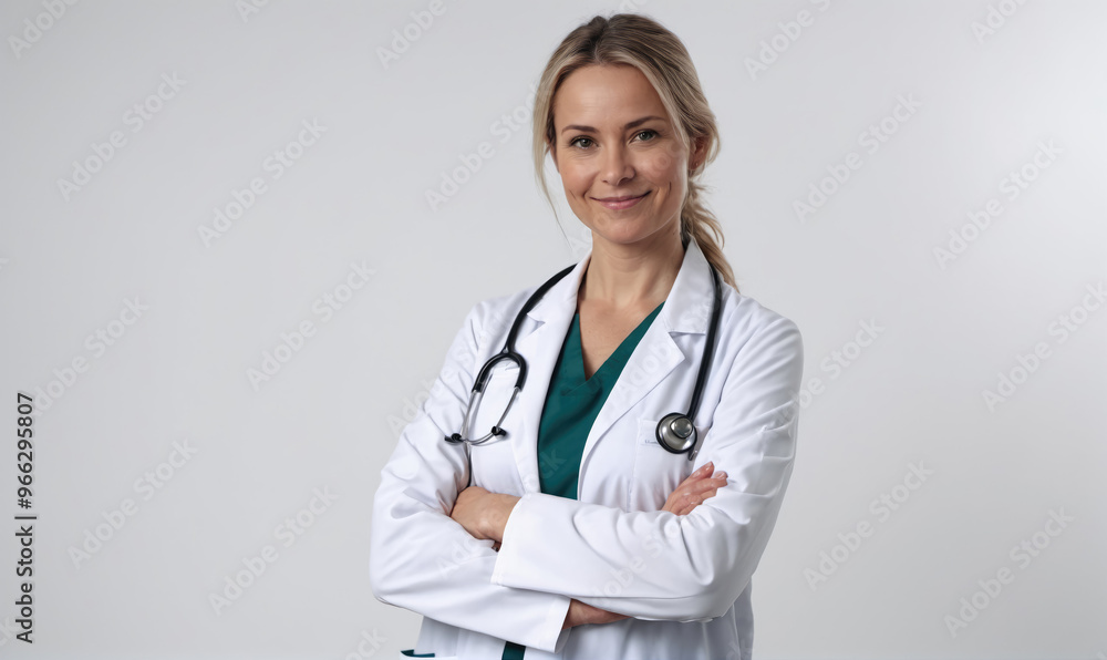 A female doctor stands with her arms crossed, smiling at the camera, in a white coat A female doctor stands with her arms crossed, smiling at the camera, in a white coat