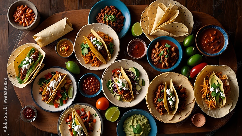 Fototapeta premium Mexican Food Fiesta - Tacos, tortillas and guacamole