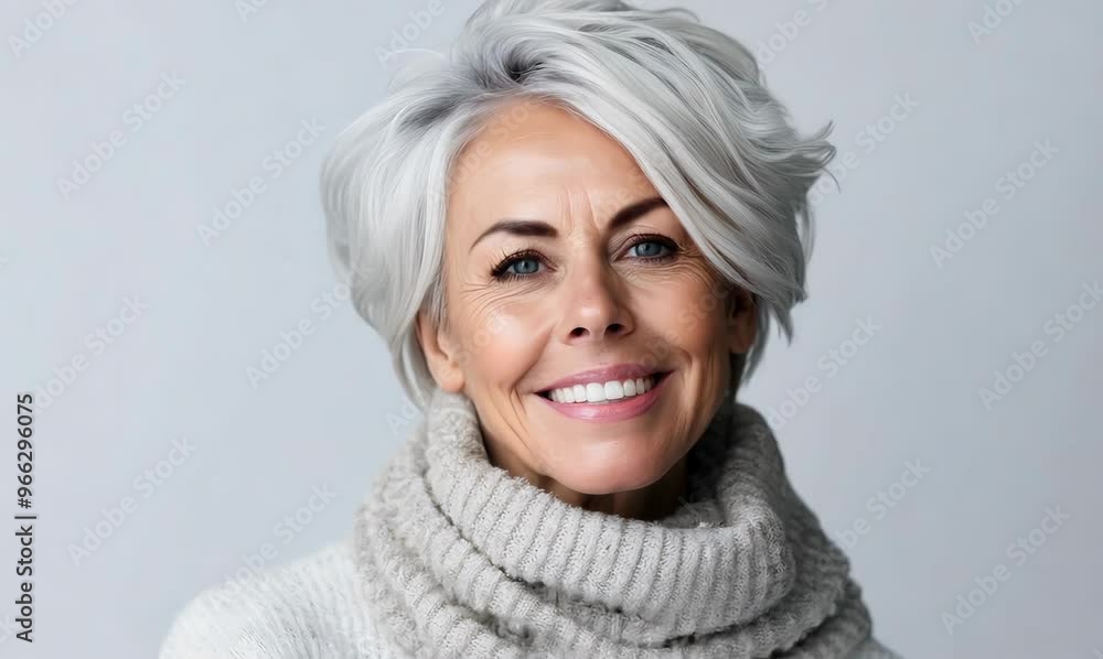 Portrait of a smiling senior woman in sweater and scarf over gray background Portrait of a smiling senior woman in sweater and scarf over gray background