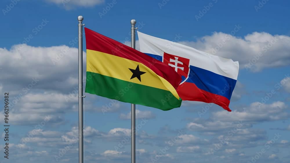 Slovak Republic or Slovakia and Ghana flags flying together, video concept of the relationship, two country cooperation concept Slovak Republic or Slovakia and Ghana flags flying together, video concept of the relationship, two country cooperation concept