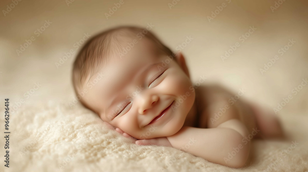 a newborn smiling in their sleep with their tiny face relaxed and content, set against a soft, neutral background a newborn smiling in their sleep with their tiny face relaxed and content, set against a soft, neutral background