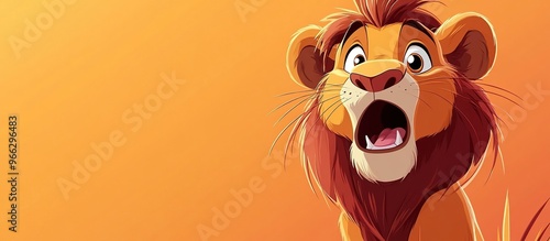 Simba roaring with excitement. Amazed cartoon character lion with copy space. Design illustrations. Yellow Background. AI generated image photo