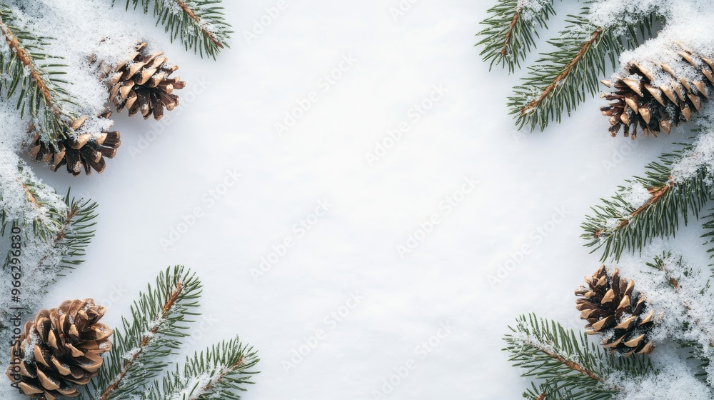 A top-down view of two snow-covered pine branches with pinecones on each side, creating a natural frame against a snowy white background. The scene symbolizes winter, nature, holidays, peace A top-down view of two snow-covered pine branches with pinecones on each side, creating a natural frame against a snowy white background. The scene symbolizes winter, nature, holidays, peace