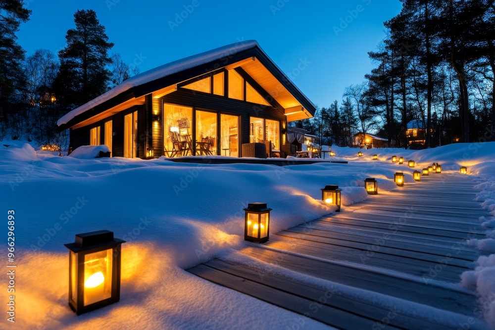 Obraz premium A postcard from a Scandinavian holiday cabin, surrounded by snow and lit with glowing lanterns, captioned Warm Winter Wishes from the North
