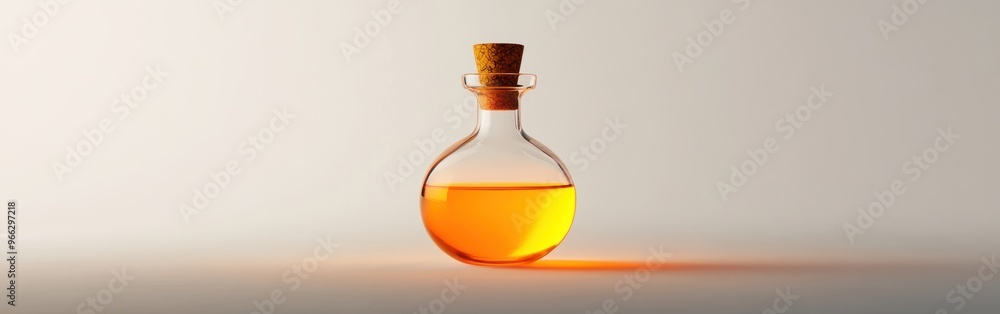 A glass flask containing a vibrant orange liquid, suggesting a potion or scientific substance. A glass flask containing a vibrant orange liquid, suggesting a potion or scientific substance.