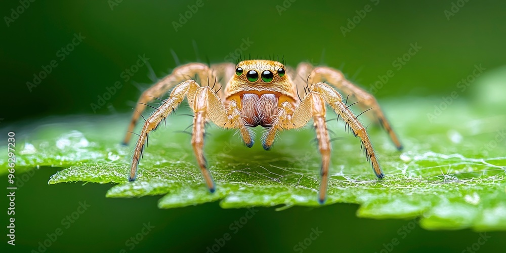 small spider sitting on green leaf on blur background small spider sitting on green leaf on blur background