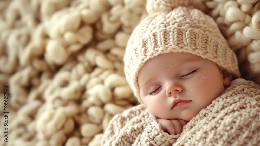 a newborn wearing a handmade knit hat, sleeping peacefully on a soft, textured blanket with neutral tones creating a calm and soothing atmosphere a newborn wearing a handmade knit hat, sleeping peacefully on a soft, textured blanket with neutral tones creating a calm and soothing atmosphere