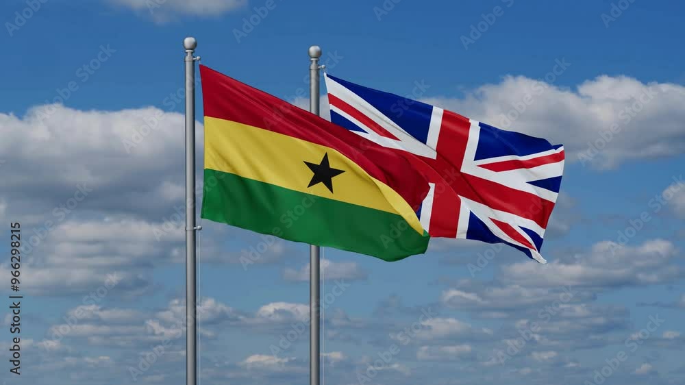 United Kingdom and Ghana flags flying together, video concept of the relationship, two country cooperation concept United Kingdom and Ghana flags flying together, video concept of the relationship, two country cooperation concept