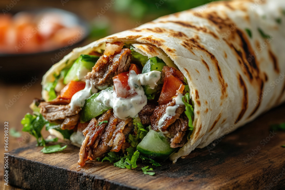 A freshly prepared shawarma wrapped in flatbread with savory fillings, ready to eat. A freshly prepared shawarma wrapped in flatbread with savory fillings, ready to eat.