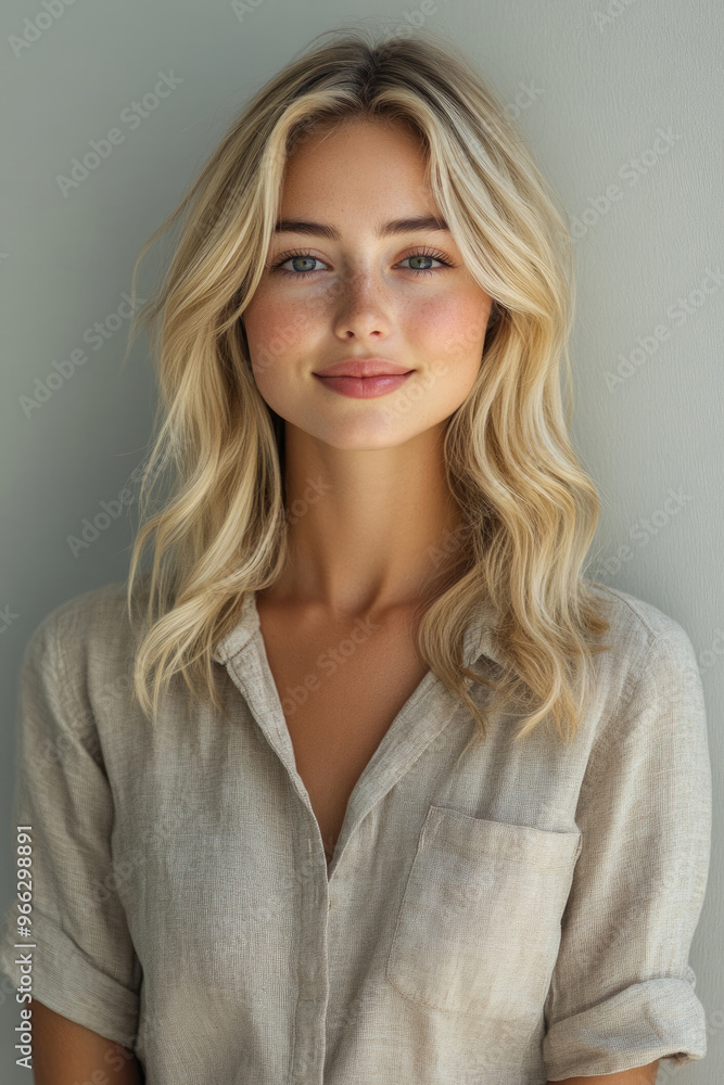 Happy blonde girl smiling in a shirt on a light background. Happy blonde girl smiling in a shirt on a light background.