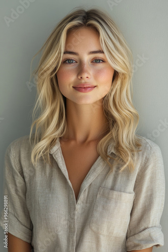 Happy blonde girl smiling in a shirt on a light background.