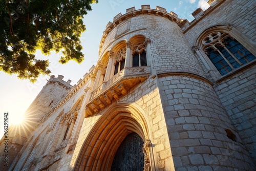 A quiet sunrise over the Palais des Papes, the early morning light casting golden hues on the ancient stone walls