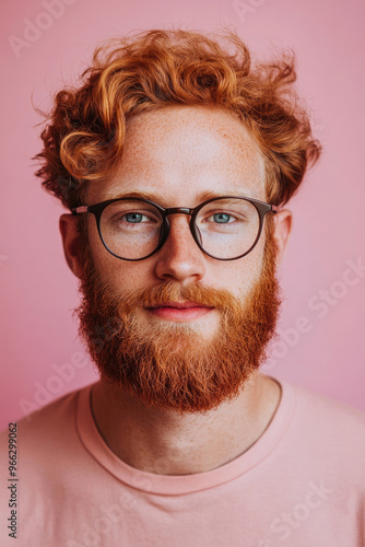 Portrait of a satisfied red-haired, bearded caucasian man in glasses, on a pink background.