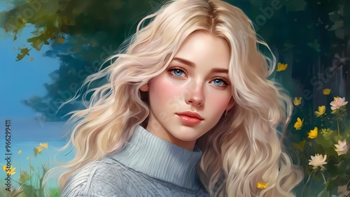 A young woman has long curling golden blonde hair. Her fair skin, slightly flushed on the cheeks, and her big, expressive blue-green eyes all suggest a calm, thoughtful nature. photo