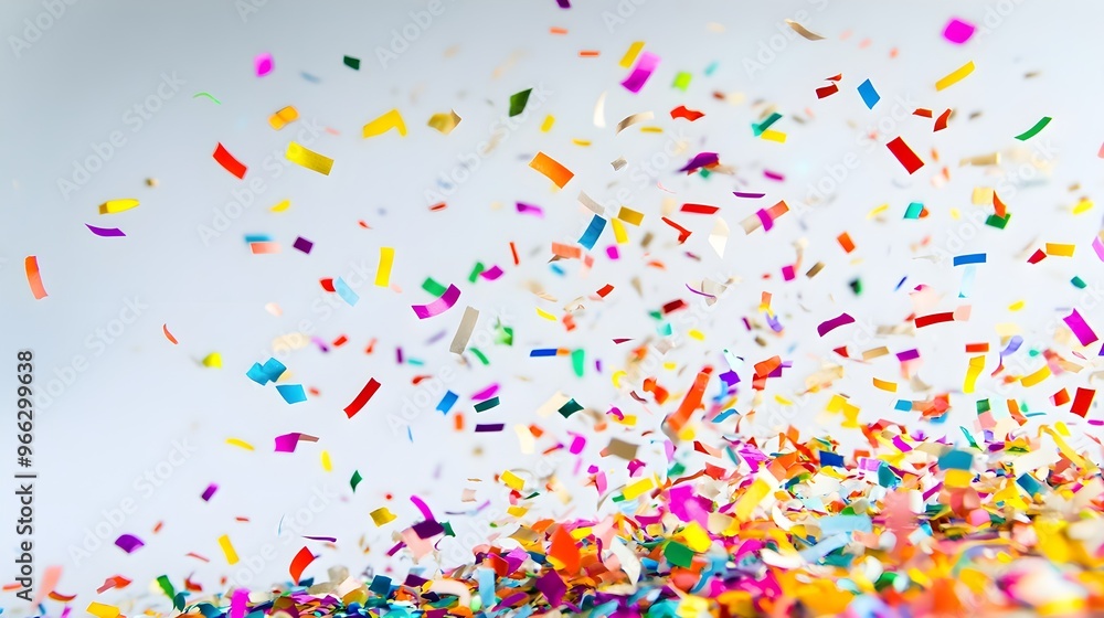 A vibrant explosion of multicolored confetti falling against a light solid color background, capturing the joy of celebration,No blurriness A vibrant explosion of multicolored confetti falling against a light solid color background, capturing the joy of celebration,No blurriness