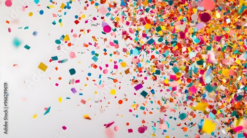 A vibrant explosion of multicolored confetti falling against a light solid color background, capturing the joy of celebration,No blurriness