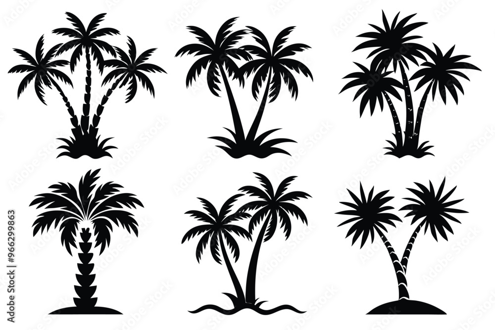 Fototapeta premium Simple Vector Palm Tree silhouette SVG icons and Beach Logo Designs in black and white and transparent background PNG file with Suns Clouds and Islands in the Ocean