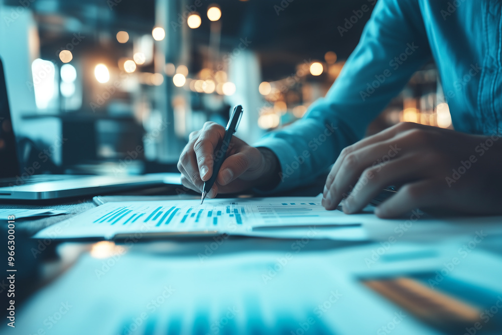 A close-up image captures the hand of a professional analyze colorful charts and graphs laid on the desk. Generative ai. A close-up image captures the hand of a professional analyze colorful charts and graphs laid on the desk. Generative ai.