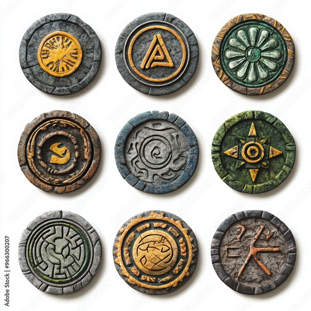 tokens symbols game pieces ancient style decorative coins fantasy design circular motifs tribal symbols artistic tokens colorful emblems stone textures unique designs tokens symbols game pieces ancient style decorative coins fantasy design circular motifs tribal symbols artistic tokens colorful emblems stone textures unique designs
