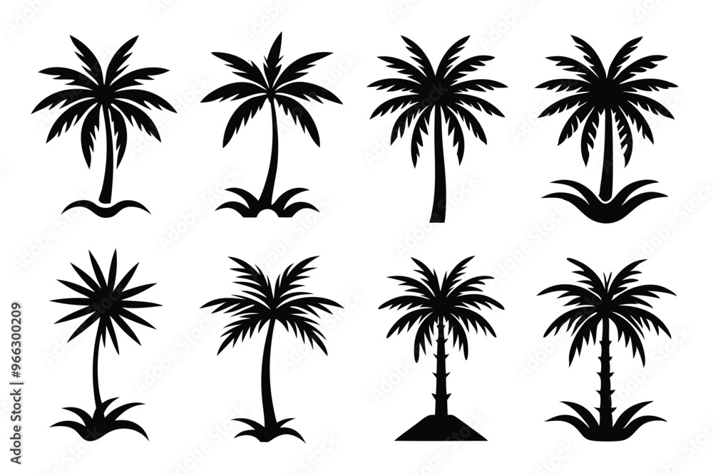 Fototapeta premium Simple Vector Palm Tree silhouette SVG icons and Beach Logo Designs in black and white and transparent background PNG file with Suns Clouds and Islands in the Ocean