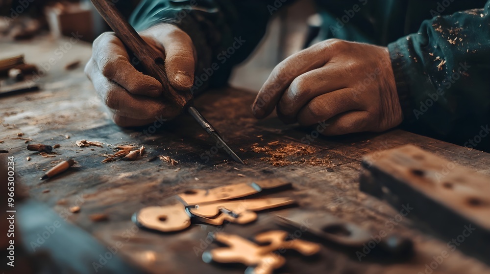 A close-up of hands working with tools on a wooden surface, showcasing the labor involved in craftsmanship,No blurriness A close-up of hands working with tools on a wooden surface, showcasing the labor involved in craftsmanship,No blurriness
