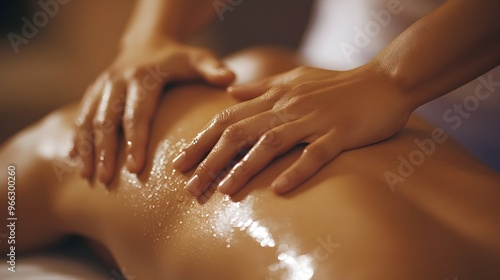 Wallpaper Mural A close-up of a professional massage therapist's hands performing a deep tissue massage on a client's back, showcasing the details of muscles and relaxation,No blurriness Torontodigital.ca