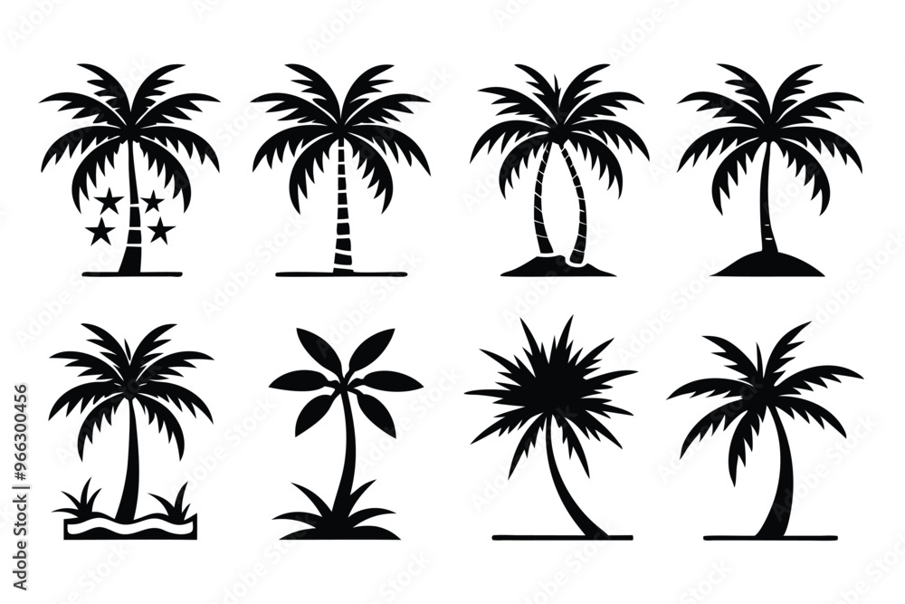 Obraz premium Simple Vector Palm Tree silhouette SVG icons and Beach Logo Designs in black and white and transparent background PNG file with Suns Clouds and Islands in the Ocean