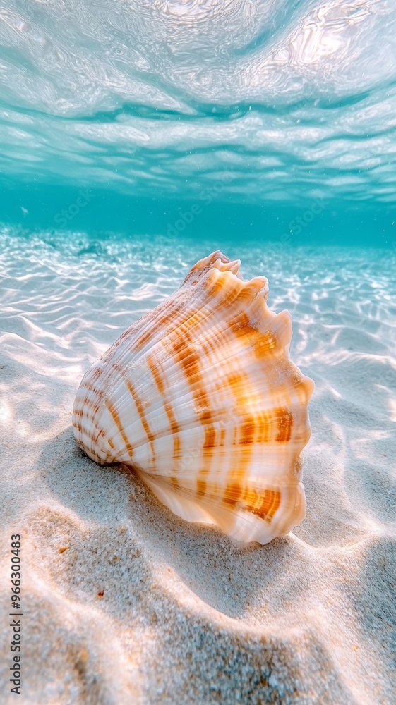 conch shell on sandy seabed under clear turquoise water, marine life concept conch shell on sandy seabed under clear turquoise water, marine life concept