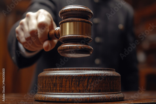 A judges gavel in a courtroom, symbolizing law and justice.